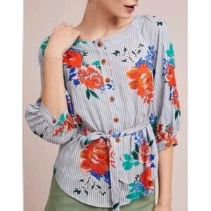 Maeve by Anthropology Women's Floral Blue Pinstripe Off Shoulder Blouse Size 4